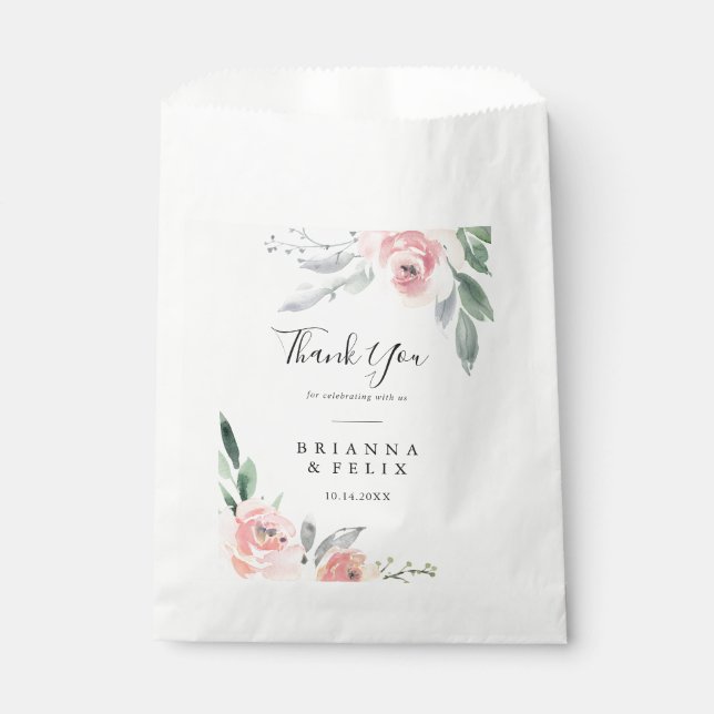 Elegant Pink Blush Floral Thank You Wedding Favour Bags (Front)