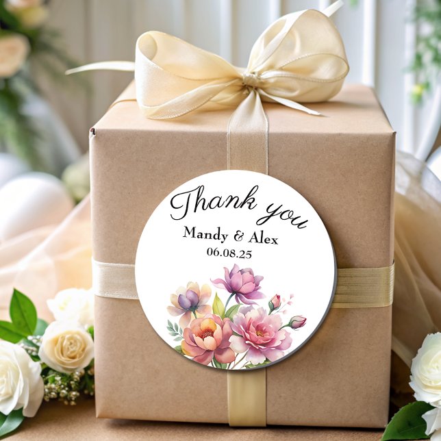 Elegant Pink Blush Floral Thank You Wedding Favour Classic Round Sticker (Creator Uploaded)