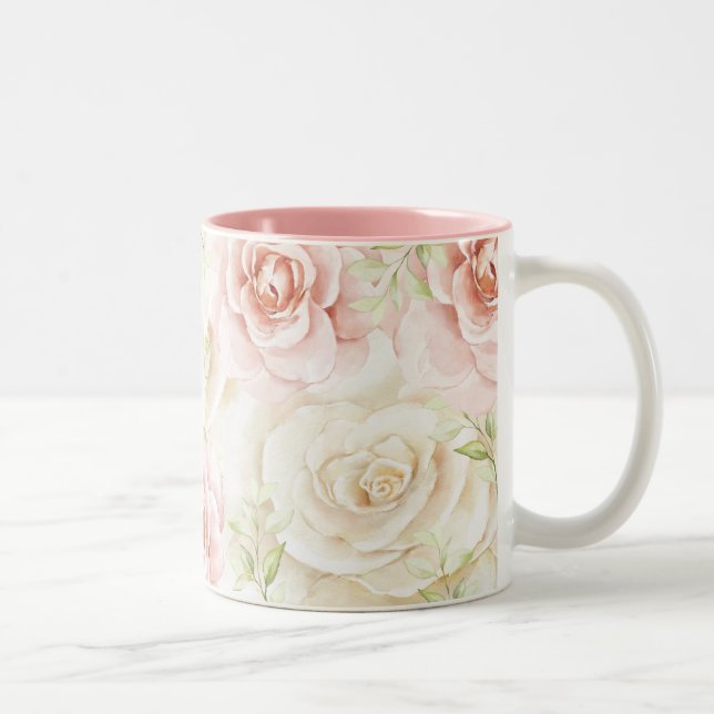 Elegant Pink Blush Floral  Two-Tone Coffee Mug (Right)