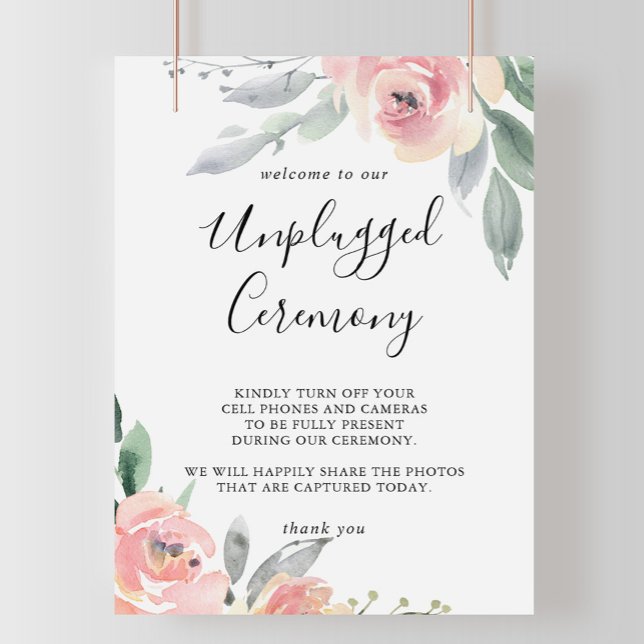 Elegant Pink Blush Floral Unplugged Ceremony Sign (Creator Uploaded)