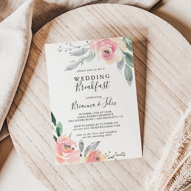 Elegant Pink Blush Floral Wedding Breakfast Invitation (Creator Uploaded)