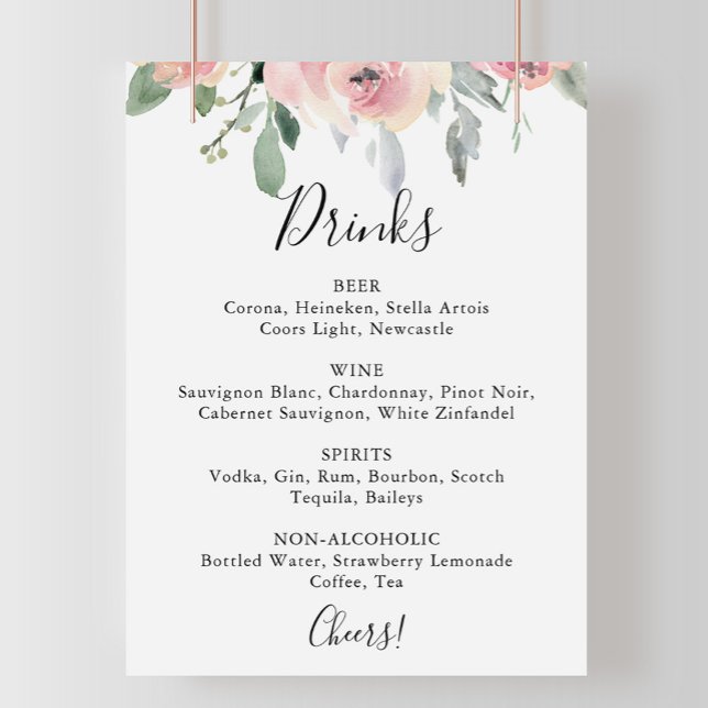 Elegant Pink Blush Floral Wedding Drinks Menu Sign (Creator Uploaded)