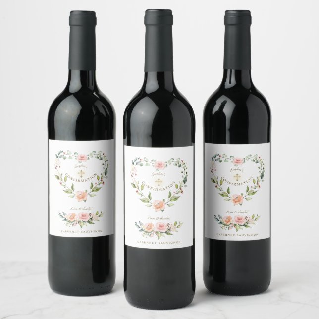 Elegant Pink Blush Floral Wreath Girl Confirmation Wine Label (Bottles)