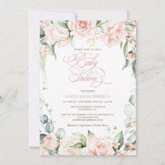 Elegant Pink Blush Florals Baby Shower Invite