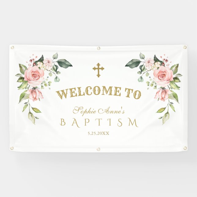 Elegant Pink Blush Flowers Baptism Welcome Sign (Horizontal)