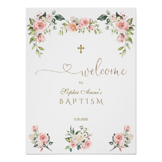 Elegant Pink Blush Flowers Baptism Welcome Sign (Front)