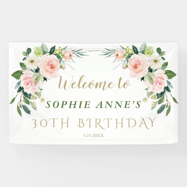 Elegant Pink Blush Flowers Birthday Welcome Sign (Horizontal)