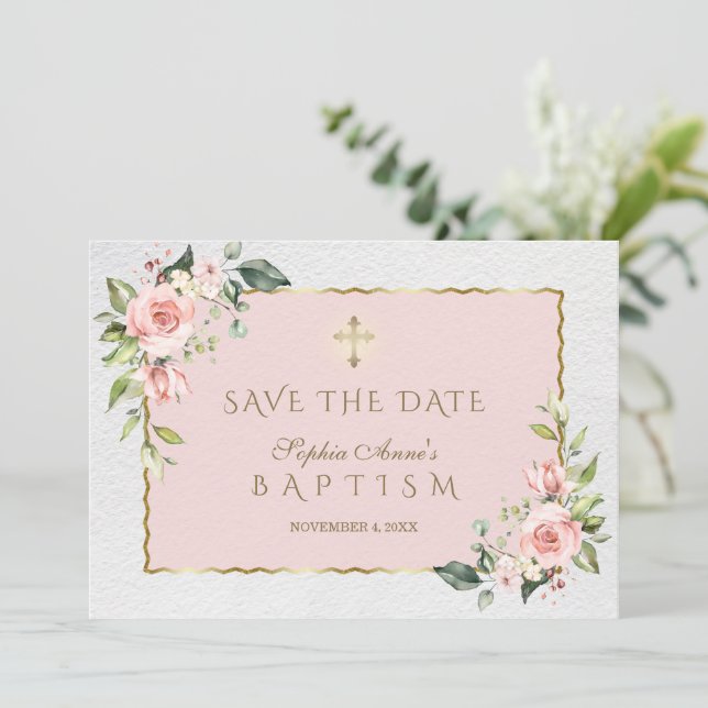 Elegant Pink Blush Flowers Cross Girl Baptism  Save The Date (Standing Front)