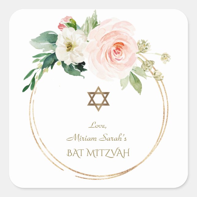 Elegant Pink Blush Flowers Gold Bat Mitzvah Square Sticker (Front)
