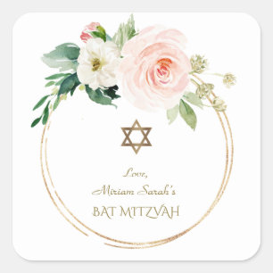 Elegant Pink Blush Flowers Gold Bat Mitzvah Square Sticker