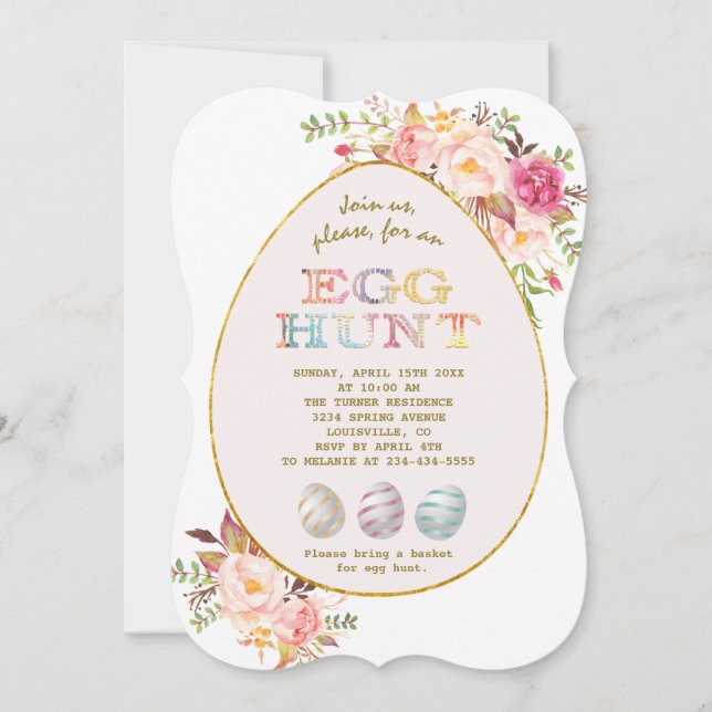 Elegant Pink Blush Flowers Gold Egg Hunt Easter Invitation (Front)