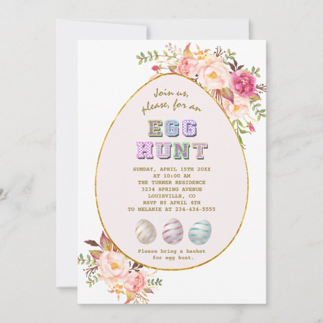 Elegant Pink Blush Flowers Gold Egg Hunt Easter Invitation (Front)