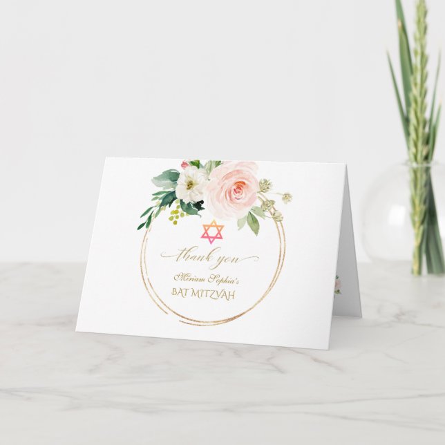 Elegant Pink Blush Flowers Gold Photo Bat Mitzvah Thank You Card (Front)