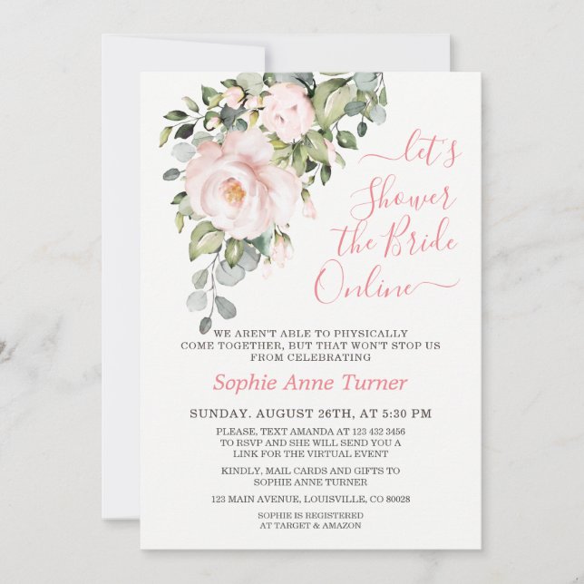 Elegant Pink Blush Flowers Virtual Bridal Shower Invitation (Front)