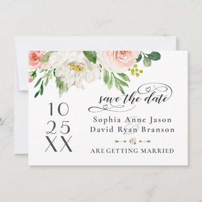 Elegant Pink Blush Flowers Wedding Handwriting Save The Date (Front)