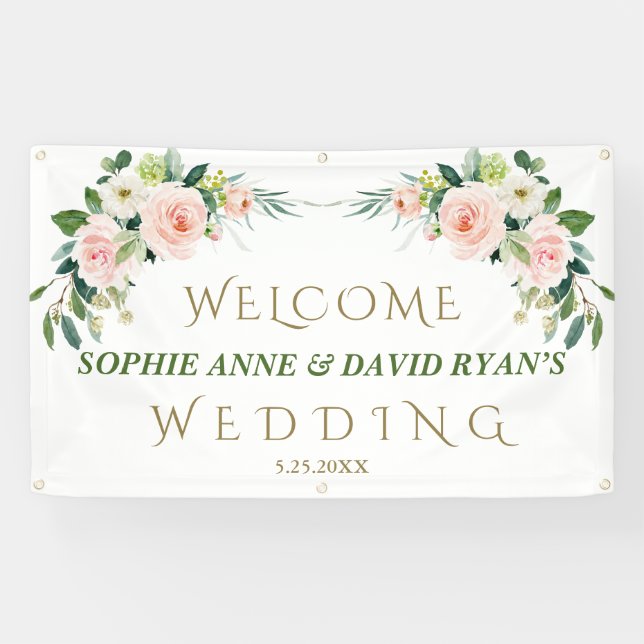Elegant Pink Blush Flowers Wedding Welcome Sign (Horizontal)