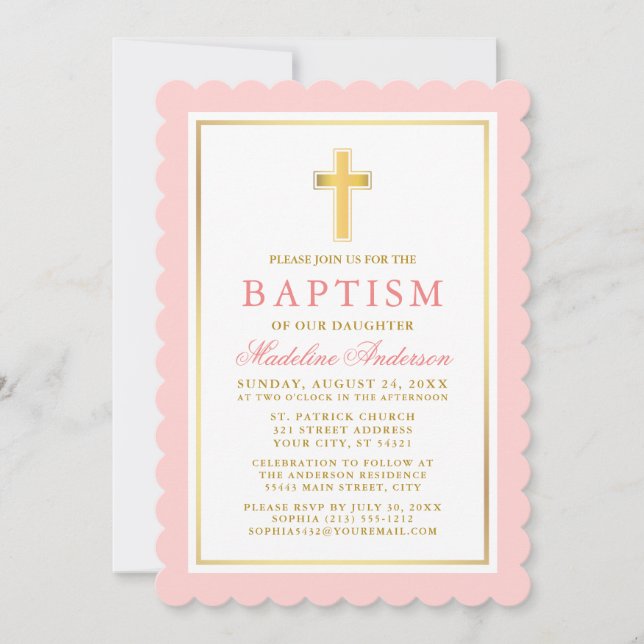 Elegant Pink Blush Gold Baptism Invitation (Front)