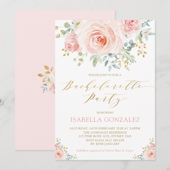 Elegant Pink Blush Gold Floral Bachelorette Party Invitation (Front/Back)