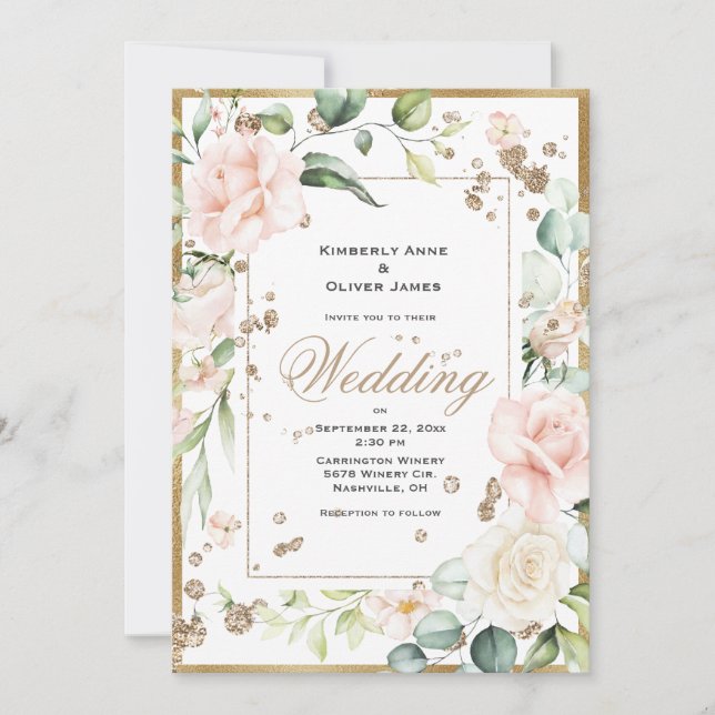 Elegant Pink Blush Gold Floral Wedding Invitation (Front)