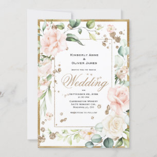 Elegant Pink Blush Gold Floral Wedding Invitation