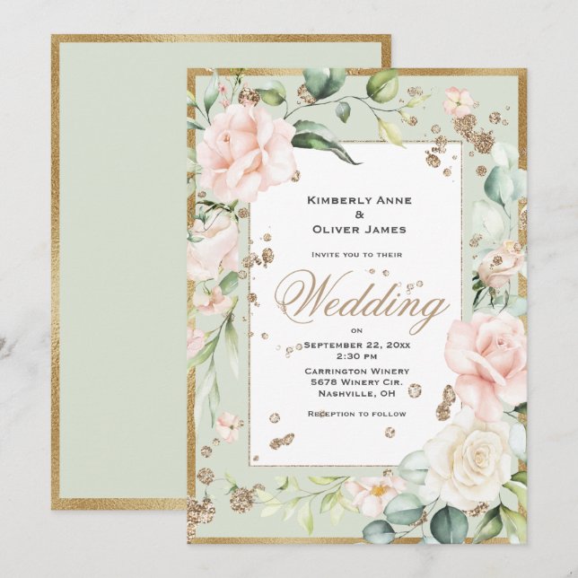 Elegant Pink Blush Gold Floral Wedding Invitation (Front/Back)