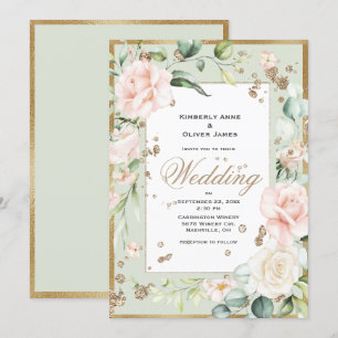 Elegant Pink Blush Gold Floral Wedding Invitation