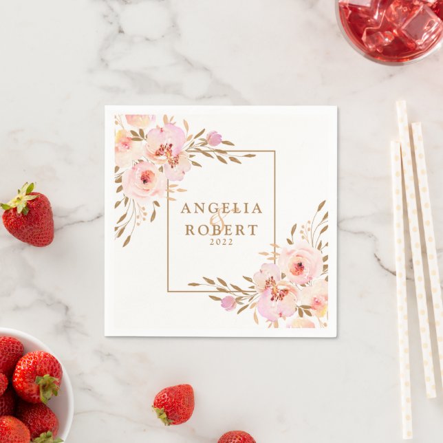 Elegant Pink Blush Gold Floral Wedding Napkin (Insitu)