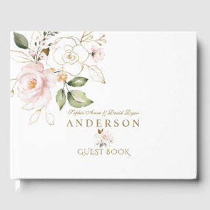 Elegant Pink Blush Gold Flowers Monogram Wedding Guest Book