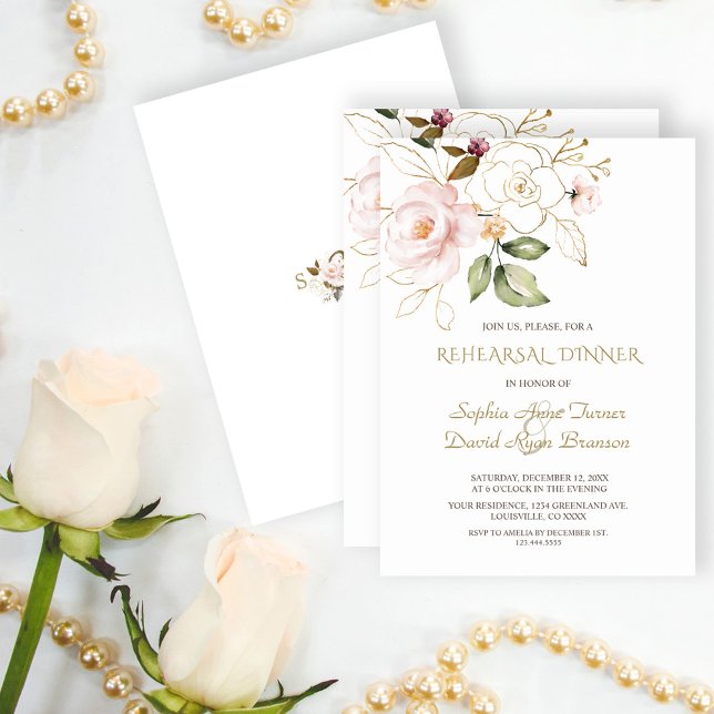 Elegant Pink Blush Gold Flowers Rehearsal Dinner Invitation (trendy rehearsal dinner pink floral, elegant gold pink roses wedding, modern floral rehearsal dinner)