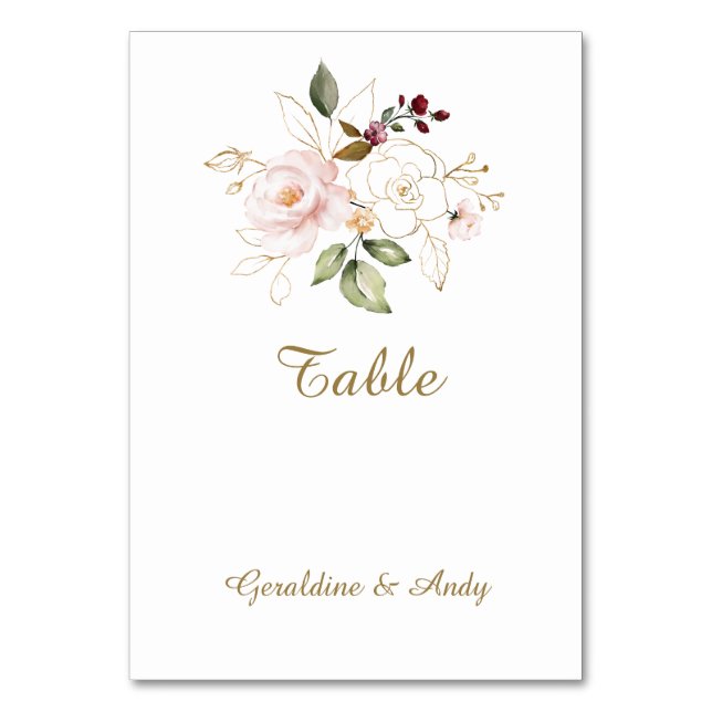 Elegant Pink Blush Gold Flowers Wedding Table Number (Front)
