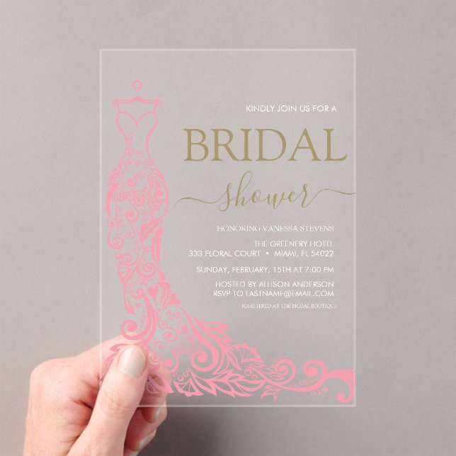 Elegant Pink Blush Gown Bridal Shower Acrylic Invitations (Insitu (Handheld))