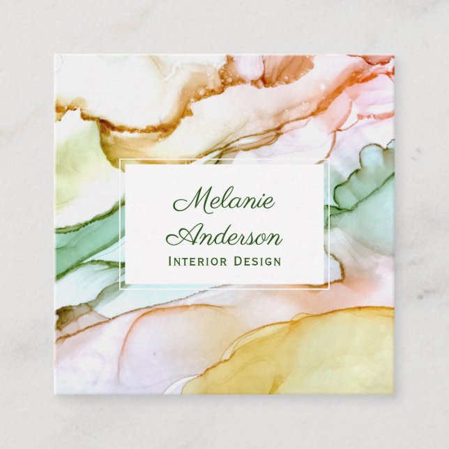 Elegant Pink Blush Green Pastel Custom Square Business Card (Front)