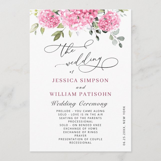 Elegant Pink Blush Hydrangea Boho Wedding Ceremony Programme (Front)