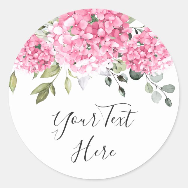 Elegant Pink Blush Hydrangea Eucalyptus Custom Classic Round Sticker (Front)