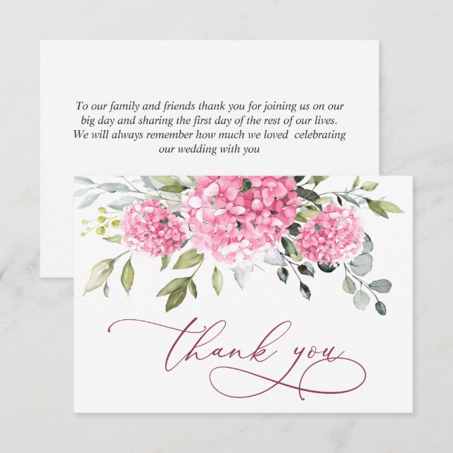 Elegant Pink Blush Hydrangea Eucalyptus Floral Thank You Card (Front/Back)