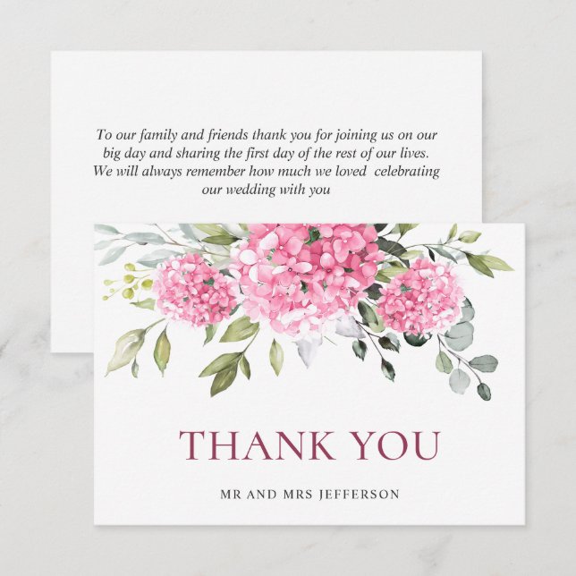 Elegant Pink Blush Hydrangea Eucalyptus Floral Thank You Card (Front/Back)