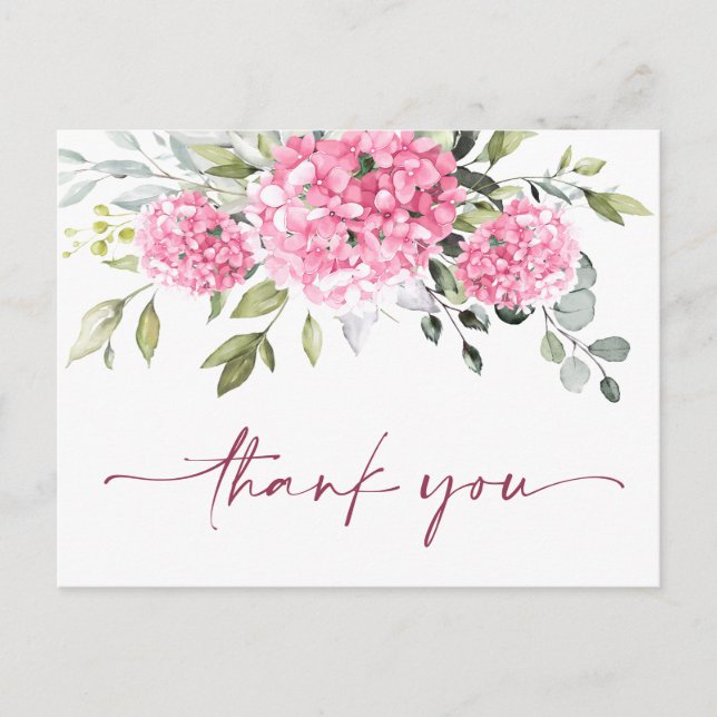 Elegant Pink Blush Hydrangea Eucalyptus Thank You Postcard (Front)