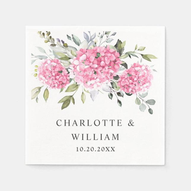 Elegant Pink Blush Hydrangea Eucalyptus Wedding Napkin (Front)