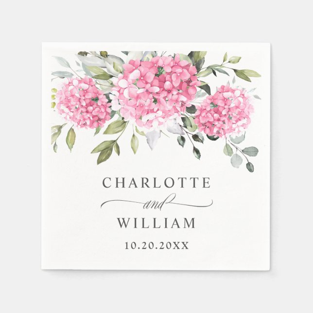 Elegant Pink Blush Hydrangea Eucalyptus Wedding Napkin (Front)