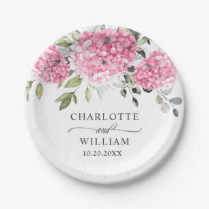 Elegant Pink Blush Hydrangea Eucalyptus Wedding Paper Plate