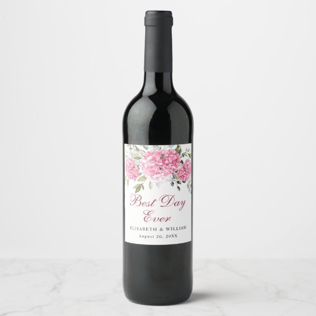 Elegant Pink Blush Hydrangea Eucalyptus Wedding Wine Label (Front)