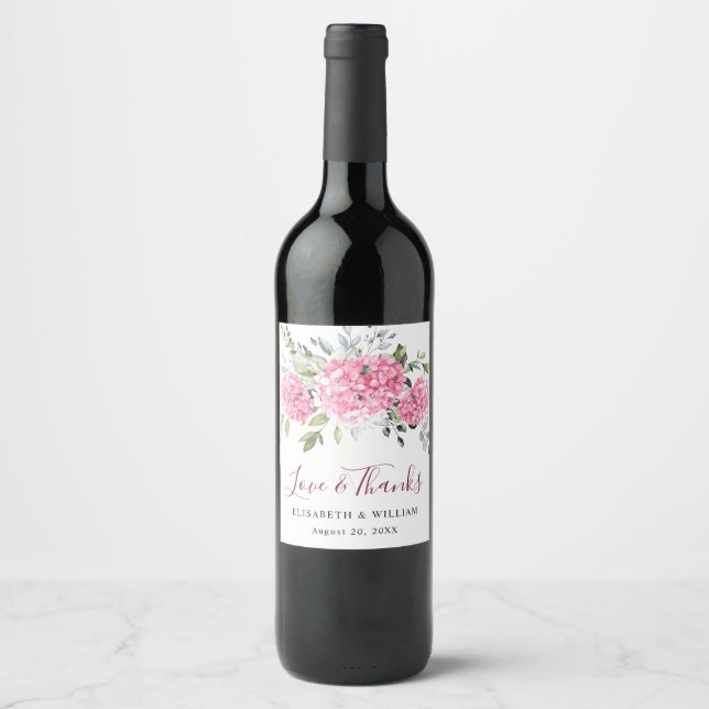 Elegant Pink Blush Hydrangea Eucalyptus Wedding Wine Label (Front)