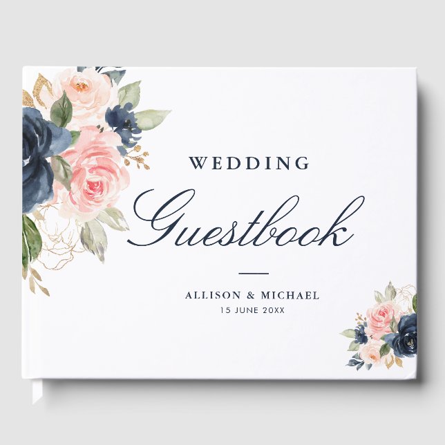 Elegant pink blush & navy floral wedding guestbook (Front)