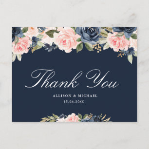 Elegant pink blush & navy floral wedding thank you postcard