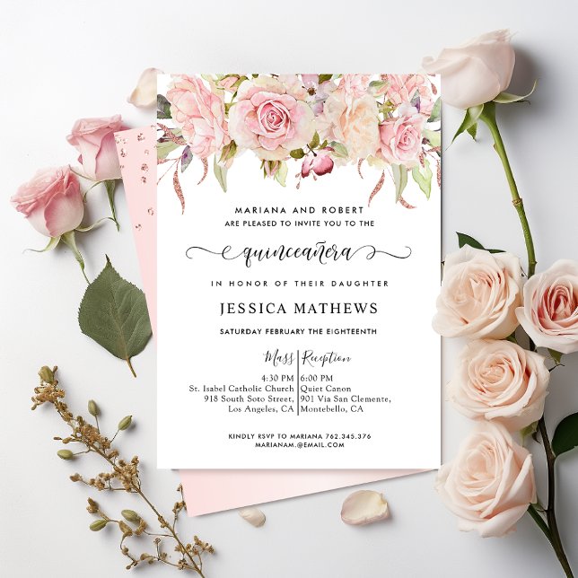  Elegant Pink, Blush Pink, Rose Gold Quinceañera Invitation (Creator Uploaded)