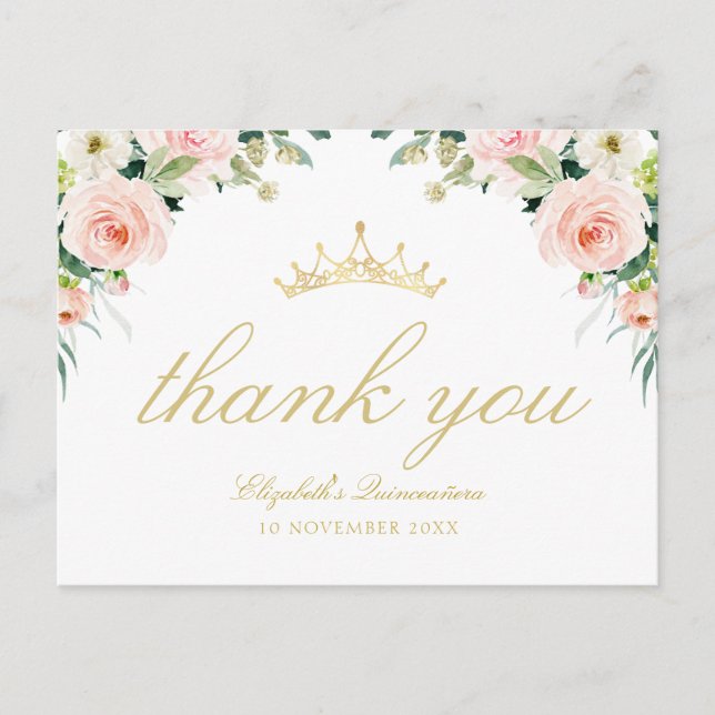 elegant pink blush quinceanera thank you card (Front)