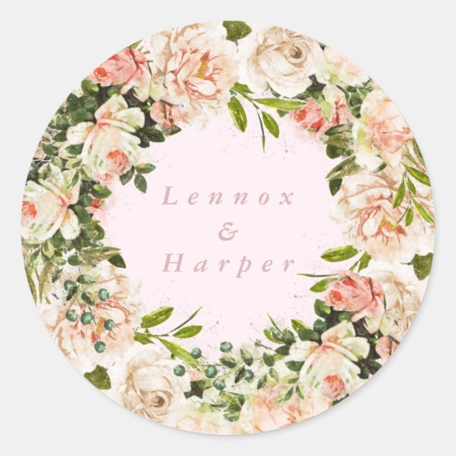 Elegant Pink Blush Rose Romance Wedding Classic Round Sticker (Front)