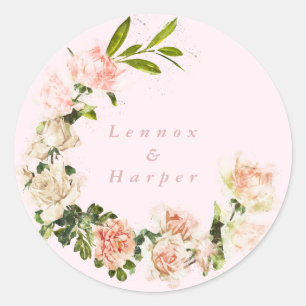 Elegant Pink Blush Rose Romance Wedding Classic Round Sticker