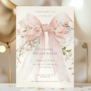 Elegant Pink Blush Roses Bow Baby Shower Invitation