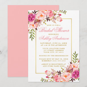 Elegant Pink Blush Roses Bridal Shower Gold Invitation